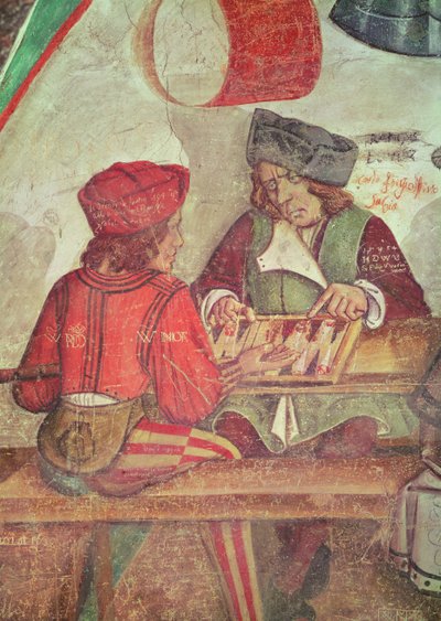 Majatalon sisustus, yksityiskohta backgammon-pelaajista (fresko) tekijältä Italian School