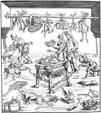 Italialaisen keittiön sisustus, Christoforo di Messisburgon teoksessa Banchetti kompozicioni di Vivende, 1549 julkaistu puupiirros. tekijältä Italian School