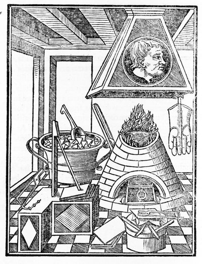 Metallurgiapajan sisäkuva Giovanni Agostino Pantheon (1517-1535) kaiverrus teoksesta "Voarchadumia contra alchimiam ars differenta ab archimia et sophia.". tekijältä Italian School