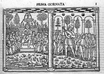Johdanto: Decameronin kirjoittajan edustus ympäröi kymmenen nuorta. Giovanni Boccaccion tai Jean Boccacen (1313-1375) kuva Decameronin (1349-1351) ensimmäisestä päivästä, kaiverrus "" Decamerone ouer Cento nouelle"" Venetsia, Bartol tekijältä Italian School