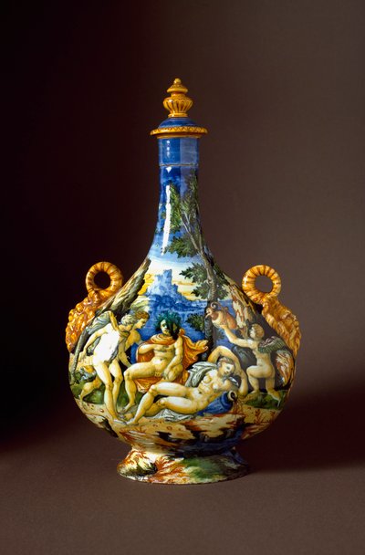 Io et Juno Keraaminen karahvi valmistettu Urbinossa Italian Fontana-pajassa. 1500-luvun Firenze, Museo Nazionale del Bargello - Io ja Juno. Keraaminen kannu Fontana-pajalta, Urbino. 16. vuosisata. Bargellon kansallismuseo, Firenze, Italia tekijältä Italian School