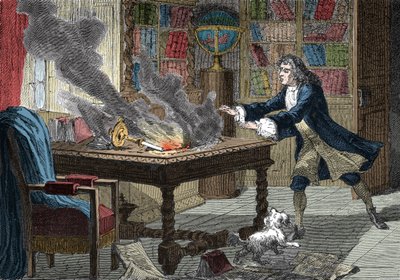Isaac Newtonin koira koputtaa kynttilän ja sytyttää paperinsa tuleen tekijältä Italian School