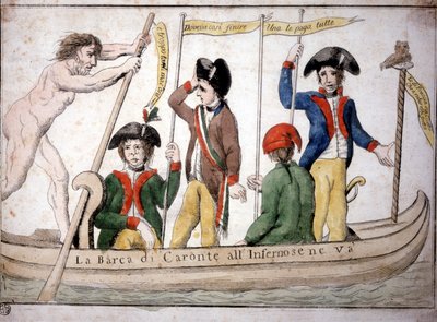 Italialainen sarjakuva Napoleon Caronista vie Napoleonin helvettiin veneessään. tekijältä Italian School