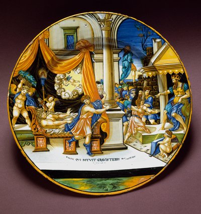 Joosef ja Putifarin vaimo Joosef pakenemassa Putifarin (Potifarin) vaimoa yrittääkseen vietellä hänet. Keraaminen levy valmistettu Urbinossa, Italiassa. 1537 Firenzen ympärillä, Museo Nazionale del Bargello tekijältä Italian School