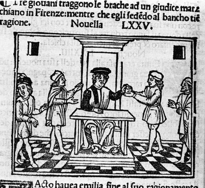Tuomiokohtaus Firenzessä. Kuva italialaisen kirjailijan Giovanni Boccaccio dit Jean Boccaccion (1313-1375) "Decameronin" uutisille 75 (uusi 5 kahdeksannesta päivästä). Kaiverrus "" Decamerone ouer Cento nouelle"" Venetsia, Bartolomeo de 