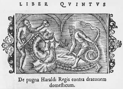 Kuningas Harald taistelee lohikäärmettä vastaan, kuvitus Olaus Magnuksen (1490-1558) teoksesta Northern Nations History, julkaistu Roomassa, 1555 tekijältä Italian School