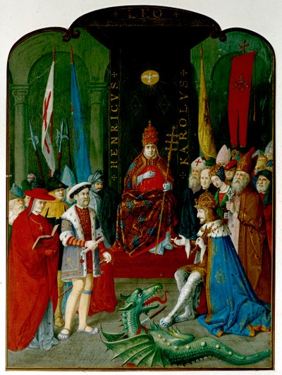 Kuningas Henrik VIII kiistassa keisari Kaarle V:n kanssa ennen paavi Leo X:tä. Henrik pitää kädessään rullaa, joka saattaa olla vuoden 1521 bulla, joka myönsi hänelle tittelin "Uskon puolustaja" (muste ja akvarelli paperille) tekijältä Italian School