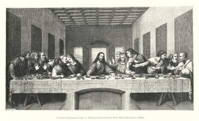 Leonardo da Vincin viimeinen ehtoollinen Santa Maria delle Grazien luostarin ruokasalissa Milanossa (kaiverrus) tekijältä Italian School