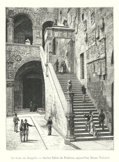 Bargellon tuomioistuin, entinen Podestàn palatsi, nykyään kansallismuseo (kaiverrus) tekijältä Italian School