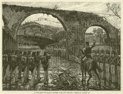 Lippuveljesten ja heidän seuralaistensa ampuminen Cosenzassa 25. heinäkuuta 1844 (kaiverrus) tekijältä Italian School