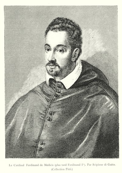 Le Cardinal Ferdinand de Medicis, myöhemmin Ferdinand I, Par Scipione di Gaeta, Pitti-kokoelma (kaiverrus) tekijältä Italian School