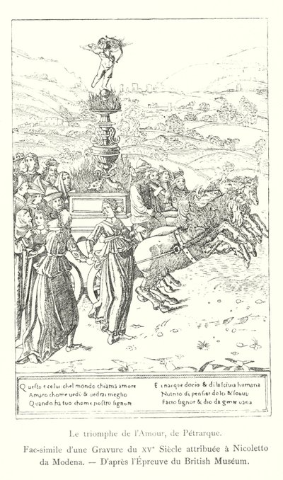 Rakkauden voitto, Petrarch, faksimile Nicoletto da Modenalle annetusta 1400-luvun kaiverruksesta, British Museum Printin jälkeen (kaiverrus) tekijältä Italian School