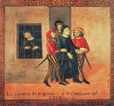 Antonio di Guiseppe Rinaldeschin elämä - Otettu vankilasta oikeudenkäyntiä varten, Firenzen koulu (öljy paneelissa) (yksityiskohta) tekijältä Italian School