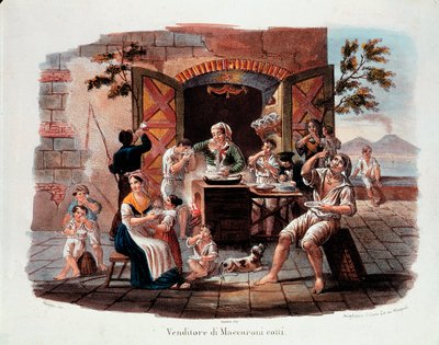 Pikku napolilainen: keitettyjen makaronien myyjä. Kaukana vesuve Napolinlahdella. 1800-luvun litografia. Kansallinen pastamuseo, Agnesi-säätiö, Rooma tekijältä Italian School