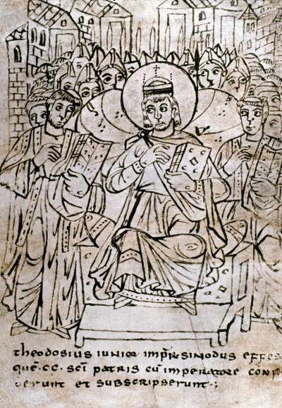 Lombard-taide: "" Keisari Theodosius II (401-450), Theodosius I:n pojanpoika, Efesoksen kirkolliskokouksessa 22.6.431, tuomitsi nestorianisuuden (patriarkka Nestoriuksen tai Nestorioksen)"" Piirustus kynällä pergamentille kanonisten oikeuksien sopimus. 9t tekijältä Italian School