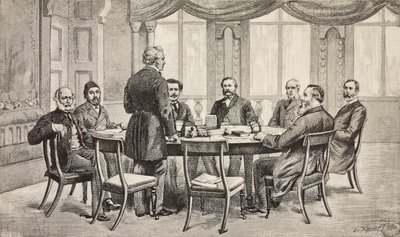 Lontoon Egypti-konferenssi, Yhdistynyt kuningaskunta: kreivi Munster, Musurus Pasha, Granville (seisomassa), kreivi Nigra, Waddington, De Staal, Childers, kreivi Karolyi, kaiverrus Edoardo Ximenesin piirroksesta, L