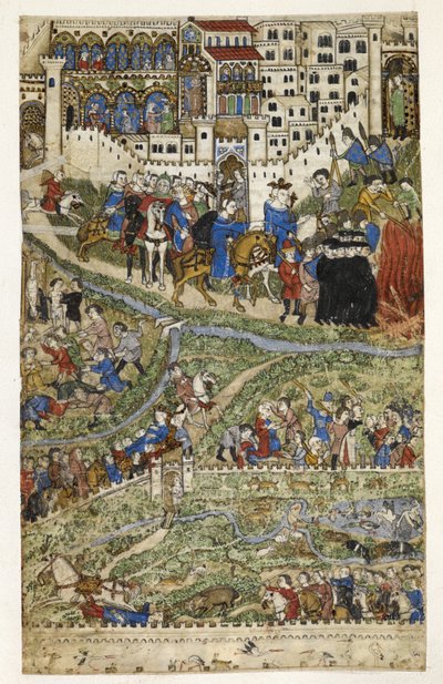 MS Add.27695 fol.6v Temppeliherrojen tuhoaminen ja Ranskan kuninkaan Philip IV:n (1268-1314) kuolema, esimerkki Genovalaisen Cocharellin "Paheiden tutkielmasta", 1300-luvun loppu (vellum) tekijältä Italian School