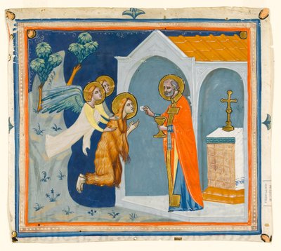 MS McClean folio 201.4 r St. Maria Magdalene, erämaassa Aixin ympärillä, enkelit kuljettamana St. Maximinille, joka toimittaa viimeisen ehtoollisen, n. 1330 tekijältä Italian School