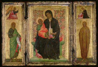 Madonna ja lapsi valtaistuimella (L-R) Pyhä Johannes Kastaja ja ylhäällä Marian ilmestyksen enkeli ja Pyhä Maria Magdaleena ja Neitsyt Marian ilmestys ylhäällä, n. 1360-70 (tempera paneelissa) tekijältä Italian School