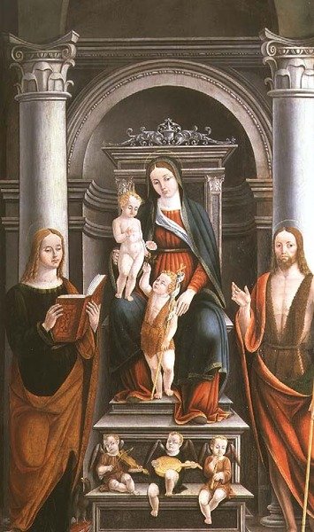 Madonna ja lapsi vastaanottavat ruusun Pyhän Johannes Kastajan lapselta pyhimysten ja enkelien kanssa M.B. (monogrammi) tekijältä Italian School
