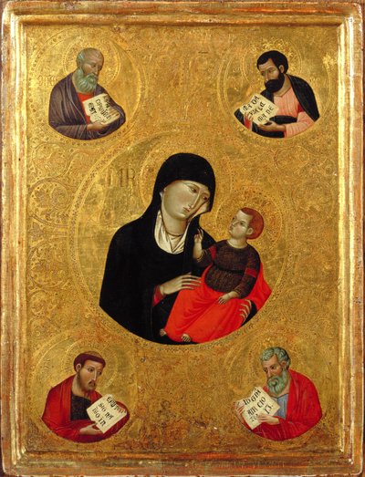 Madonna ja lapsi neljän evankelistan kanssa (tempera ja kultalehti paneelissa) tekijältä Italian School