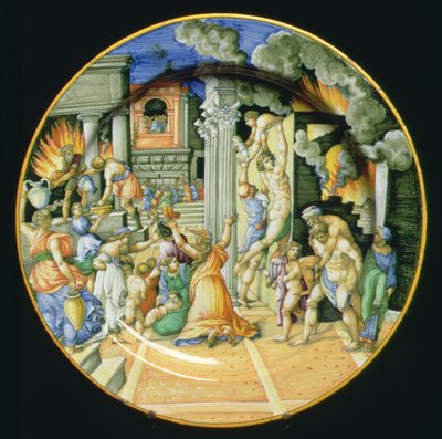 Maiolica-levy, joka kuvaa Troijan polttamista, kun Aeneas kantaa isäänsä Anchisesta selässään poikansa Ascaniuksen kanssa, italia tekijältä Italian School