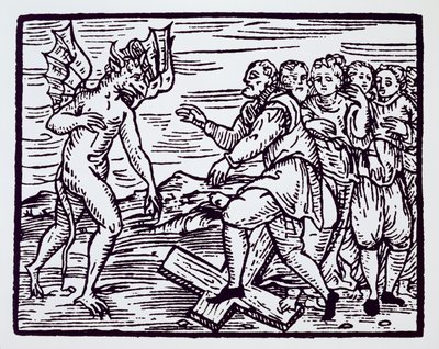 Miespuolinen noita, joka kieltäytyy Kristuksesta, kopio Fr M Guacciuksen, Milano 1608, Compendium Maleticarum -kuvasta, käytetty History of Magicissa, julkaistu 1800-luvun lopulla tekijältä Italian School