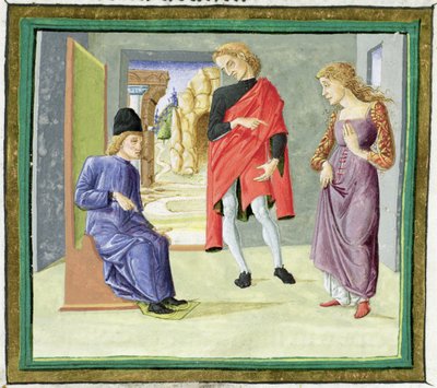 Mies ja nainen tuomarinsa edessä, teoksesta "Decretum Gratiani" (vellum) tekijältä Italian School