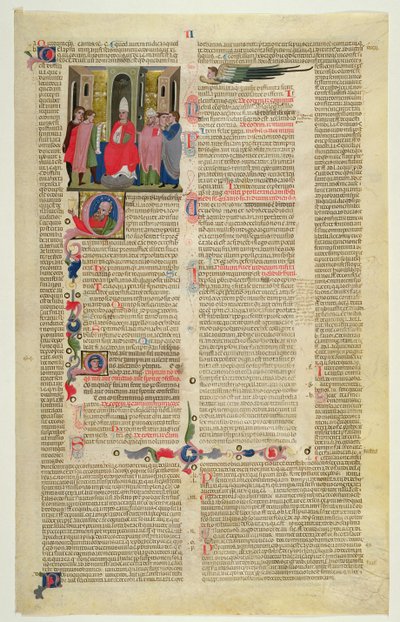Marlay Cutting IT.3: Gratians Decretum -lehden miniatyyri, jossa näkyy lihasynnistä syytetyn piispan tapaus tekijältä Italian School