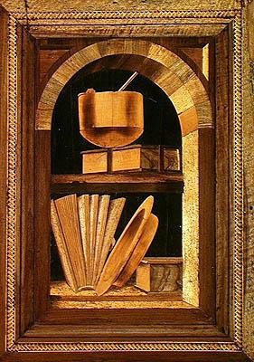 Marquetry-paneeli asetelmista kirjoilla (puu) tekijältä Italian School