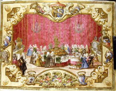 Gonfalonier Zambeccarin kunniaksi annettu ateria oikeuslaitoksen sitoutumisesta. 1720. Bologna, valtionarkisto. tekijältä Italian School