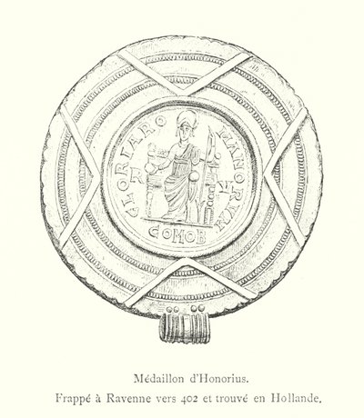 Honoriuksen medaljonki, lyöty Ravennassa noin vuonna 402 ja löydetty Hollannista (kaiverrus) tekijältä Italian School