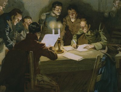 Miehittäjiä vastustavien ensimmäisten partisaanien tapaaminen, Carbonarien syntymä, kuva Risorgimenton historiaa käsittelevästä albumista, joka on tehty suklaa Talmonelle, 1800-luvun loppu (chromolitho) tekijältä Italian School