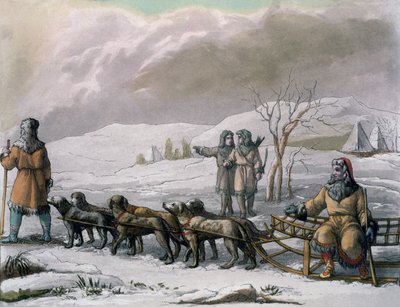 Kamtšatskan miehet, koirareki, Giulio Ferrarion Costumi dei..., n. 1820-30-luvut tekijältä Italian School