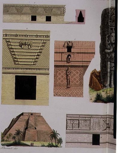 Meksikon antiikki, arkkitehtonisia yksityiskohtia "Kansakuntien historian" (akvatinta) levystä 48 (katso myös 94498) tekijältä Italian School