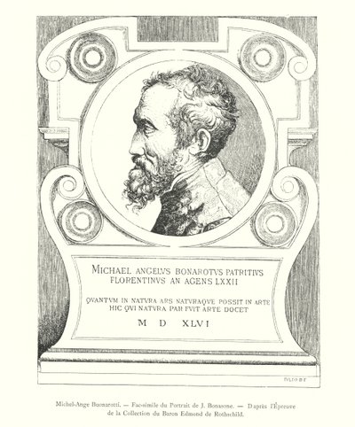 Michel-Ange Buonarotti, faksimile J Bonasonen muotokuvasta, Todistuksen jälkeen Baron Edmond de Rothschildin kokoelmasta (kaiverrus) tekijältä Italian School