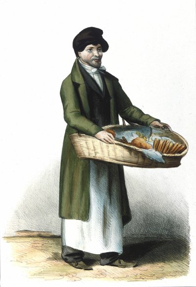 Milanese Metier: keksien ja kakkujen myyjä. 1830 Locarnon kaiverrus. tekijältä Italian School