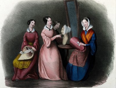 Milanolainen metier: nuorten naisten muotoilemat hatut. 1830 Locarnon kaiverrus. tekijältä Italian School