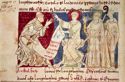 Miniatyyri Chronicon Vulturnensestä, valaistu koodeksi, jonka on säveltänyt munkki Iohannes, n. 1130, Italia tekijältä Italian School