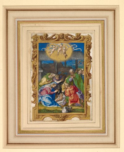 Pienoiskuva syntymästä pyhän perheen ja paimenten kanssa tallissa, kolme puttia, joiden yläpuolella on kaiverrettu kirjakäärö ja taustalla paimenten kuulutus (vellum) tekijältä Italian School