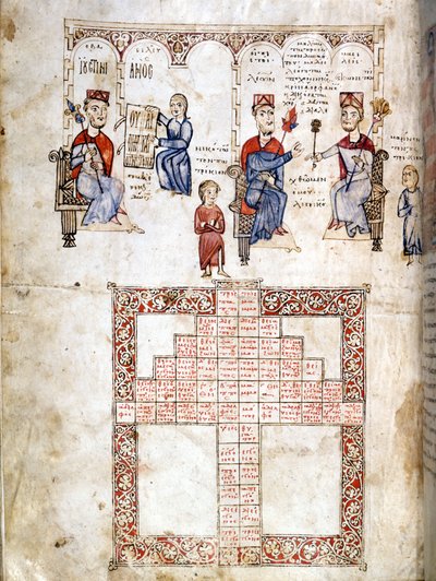 Ecloga Legumin pienoissivu, lakikäsikirjoitus vuodelta 1175. Näytetyt hahmot ovat vasemmalta oikealle Justinianus I (482 - 565), Leo I (457-474) ja Konstantinus I Suuri (270/288 - 337) . Venetsia, raamattu. Marciana. tekijältä Italian School