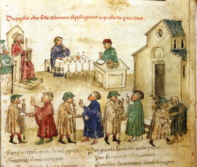 Pyhiinvaeltajien käyttäytymismalli - kirjassa "" Chronic of Sercambi ", noin 1400. Kansallisarkisto, Lucca. tekijältä Italian School