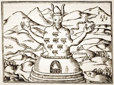 Moloch, kopio Athanasius Kirchnerin piirroksesta Oidipus Aegyptiacuksesta, Rooma 1652, käytetty Taikuuden historiassa, julkaistu 1800-luvun lopulla tekijältä Italian School