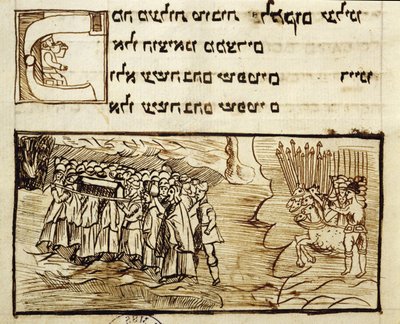Ms.C.A.2795 Juutalaiset ylittämässä Punaisen meren Pyhän arkin kanssa, jota seurasivat egyptiläiset, tarinasta Juutalainen kansa tekijältä Italian School