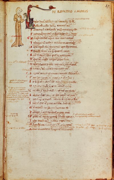 Ms 19 fol.47 Sivu tekstiä historiallisella alkukirjaimella, Ovidiuksen LArt dAimer (43-17 eKr.) tekijältä Italian School