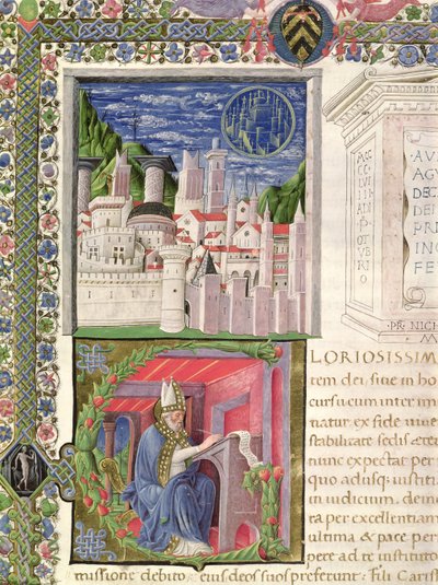 Ms 218 f.2r Näkymä Roomasta Jumalan kaupunkina ja Pyhän Augustinuksen kirjoitus Pyhän Augustinuksen Hippolaisen teoksesta "De Civitate Dei" (354-430) 1459 (vellum) tekijältä Italian School
