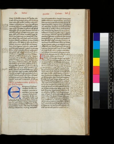 Ms 342. Caesar, Opera, f.38r. Alkukirjain [E] sinisenä ja kynällä kukkainen koristelu punaisella tekijältä Italian School