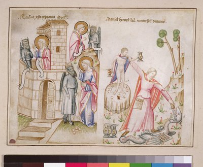 Ms 43-1950 (5v) Christs Temptation, Daniel tuhosi Belin, Speculum Humanae Salvationisista tekijältä Italian School