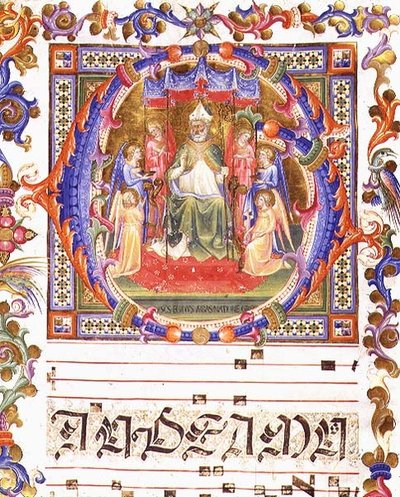 Ms 557 f.35v Historioitu alkukirjain "O", joka kuvaa Aegidiusta (St. Giles) (d.c.700) valtaistuimella enkelien ympäröimänä, "Messale di Sant