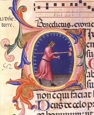 Ms 559 f.113v Historiallinen alkukirjain "O", joka esittää Pyhän Joosefin pitelemässä sauvaa kahdella kyyhkysillä koristellulla lipulla, Santa Maria Novellan psalteri, valaisi Paolo Soldini (fl.1342-86) 1379 (vellum) tekijältä Italian School